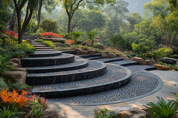 Serpentine Stone Steps Winding Through Lush Garden Landscape
