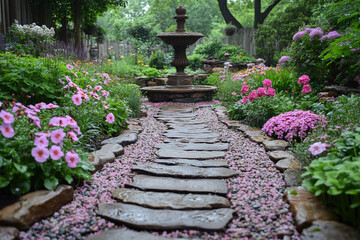 Stone Path Garden With Fountain And Pink Flowers