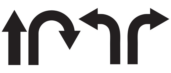 Go Straight This Way One Way Only U Turn Left and Right Black Arrow Sign Direction Icon Set. Vector Image.