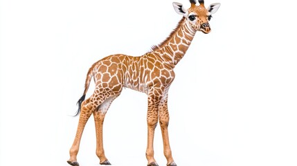 Fototapeta premium A young giraffe standing against a white background.