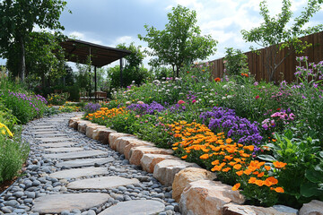 Stone Path Winds Through Vibrant Colorful Garden Flowers