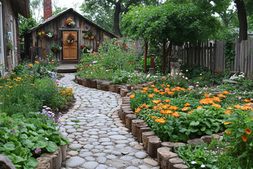 Cobblestone Path Meanders Through A Vibrant Cottage Garden