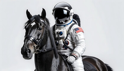 Fototapeta premium Astronaut riding black horse, studio shot.