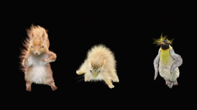 penguin Rabbit squirrel Dancing CG fur. 3d rendering, animal realistic CGI VFX, Animation Loop, composition 3d mapping cartoon, Included in the end of the clip with luma matte.