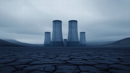 Cooling towers in barren landscape, moody sky