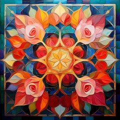 Ein farbenfrohes Kaleidoskop aus Blumen, deren Bl&uuml;tenbl&auml;tter zu einem kunstvollen Mandala in leuchtenden &Ouml;lfarben geformt sind.