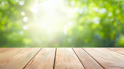 Wooden Tabletop Against a Serene, Sunlit Green Bokeh Background