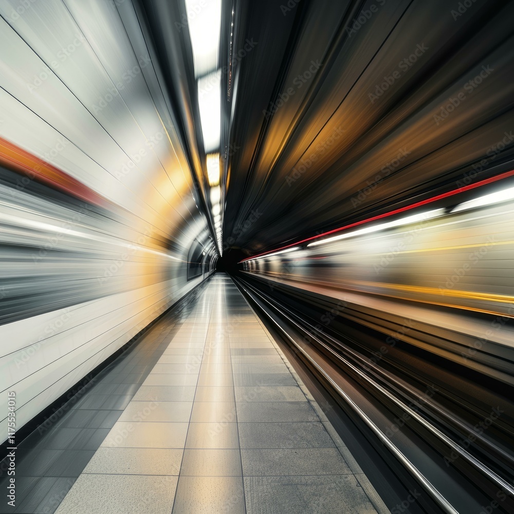 Poster fast train passing through an illuminated subway tunnel, creating a dynamic motion blur effect