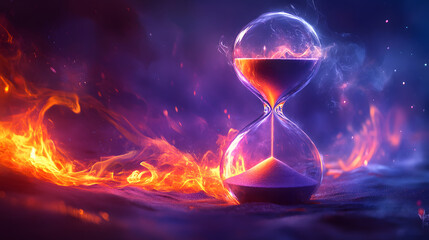 mystical hourglass suspended in mid air with fire and smoke, creating captivating scene