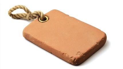 Rectangular Clay Tag Attached with Rope Isolated on White Background.