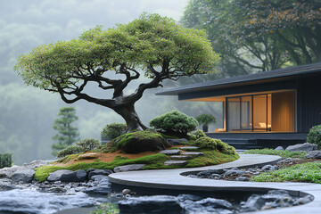 Serene Bonsai Tree Garden Modern House Landscape