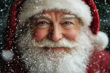 jolly santa claus with a fluffy white beard adorned in his traditional red suit set against a snowy winter landscape that evokes a warm festive mood filled with holiday cheer
