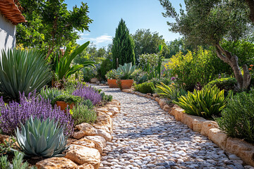 Serene Garden Path Stone Pebbles Lush Greenery