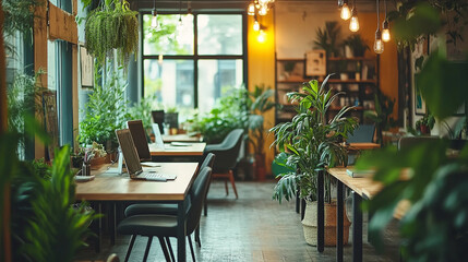 Obraz premium A vibrant coworking area with a mix of private desks and communal tables, surrounded by green plants, trendy decor, and modern lighting fixtures