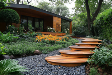 Modern Wooden Steps Leading To A Beautiful Garden House