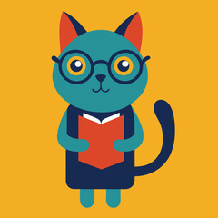 the cat is wearing glasses and holding a book