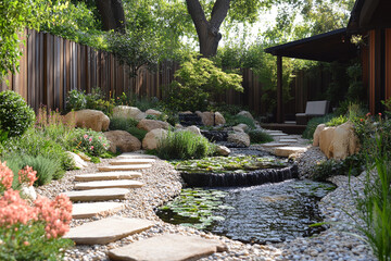 Serene Backyard Water Feature With Stone Path And Landscaping