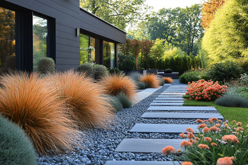 Modern home garden pathway with ornamental grasses and flowers