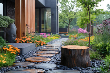 Modern Garden Path With Stone And Wood Accents