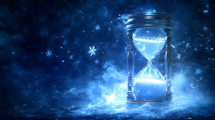 enchanting hourglass with glowing icy aura surrounded by snowflakes, creating magical atmosphere