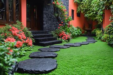 Landscaped Garden Path With Stone Steps And Flowers