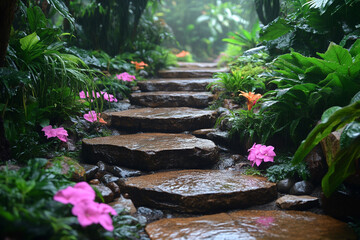 Rain Soaked Stone Steps Garden Path