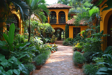 Lush Tropical Garden Encircles Yellow Spanish Style House