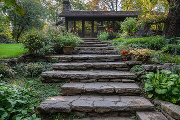 Stone Steps Leading To A Rustic House Garden