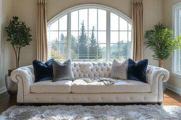 Elegant cream sofa sits before large arched window