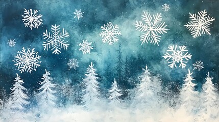 Icy snowflakes drifting across a winter forest with room for festive text in a serene background