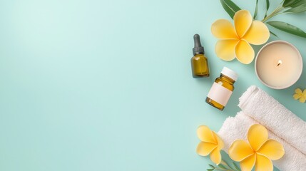 Calm and Relaxing Spa Essentials with Aromatherapy Oils, Towels, Candles, and Plumeria Flowers on a Soft Background
