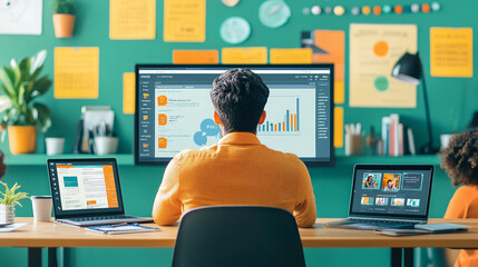 A virtual classroom session in progress, with a teacher presenting a slide show on a screen while students view the presentation on their laptops at home