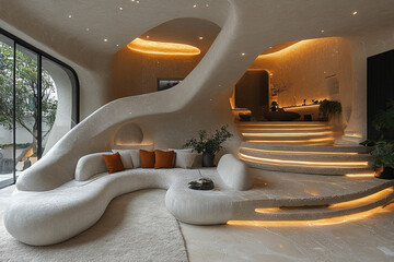 Modern Organic Living Room Interior Design With Curving Walls