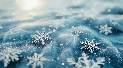 Snowflakes floating across a beautiful icy winter backdrop with clear space at the center for festive messages