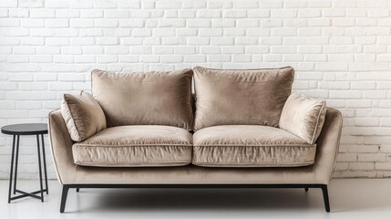 Beige velvet sofa, brick wall background, modern living room, interior design