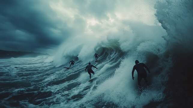A wide-angle shot of multiple surfers riding towering waves, with the ocean crashing and mist rising from the impact, capturing the power of the waves