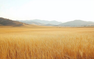 Golden wheat field under a clear sky, rolling hills in the background.