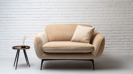 Beige armchair, white brick wall, side table, interior design, home decor
