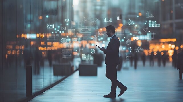 Businessman Walking City Street Data Analytics Overlay - Powered by Adobe