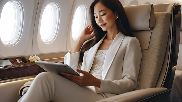 A successful, attractive young Asian businesswoman uses a digital tablet while seated in the airplane's cabin. travelling in first class.