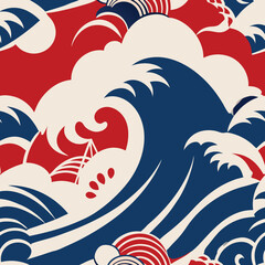 

A seamless pattern of stormy ocean waves with dynamic, swirling shapes and rich shades of blue, evoking the raw power and energy of a raging sea. Perfect for bold designs.