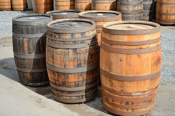 Wine barrels resting in storage, waiting for filling