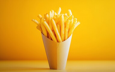 Crispy golden french fries in a paper cone against a vibrant yellow background.