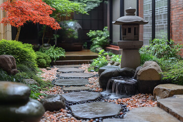 Serene Japanese Garden Stone Path Water Feature