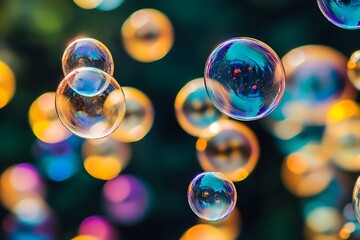 Naklejka premium Soap bubbles floating showing vivid rainbow colors with dark background