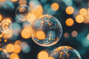 Soap bubbles floating on a sparkling golden background