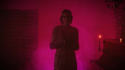 Dark Silhouette sexy flapper woman retro. young elegant lady 20s vintage old style shiny dress. pink neon lights. burning candles piano. Interior night club themed party festive room full smoke art