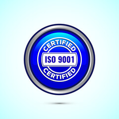 ISO 9001 certified icon design illustration, Standard quality label sign, symbol, Blue Color Round Button Design