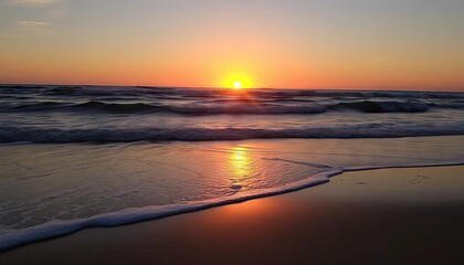 Fototapeta premium Beach sunrise, waves, golden light. Peaceful morning. Suitable for backgrounds or nature themes