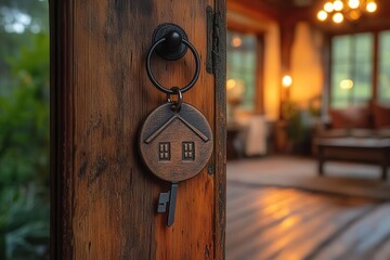 key hanging from a houseshaped keychain in a door keyhole symbolizing home ownership and new beginnings surrounded by soft light creating a welcoming atmosphere